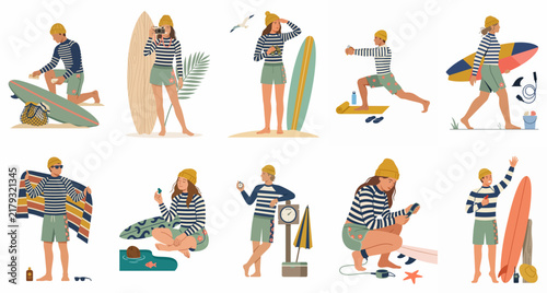 Collection of flat vector illustrations depicting a young woman's beach life, featuring surfing, yoga, photography, and coastal relaxation activities on a white background.