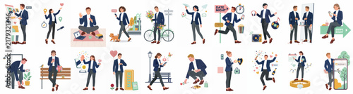 Comprehensive set of flat vector illustrations featuring business professionals in various work and lifestyle activities highlighting work-life balance.