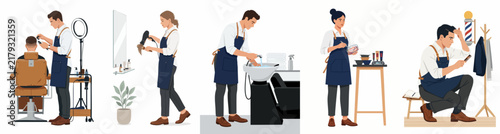 Set of flat vector illustrations featuring professional barbers and hair stylists providing various salon services like hair cutting, washing, and styling.