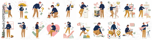 Collection of Flat Vector Character Illustrations Representing Various Life Situations, Daily Activities, and Diverse Human Emotions on White Background