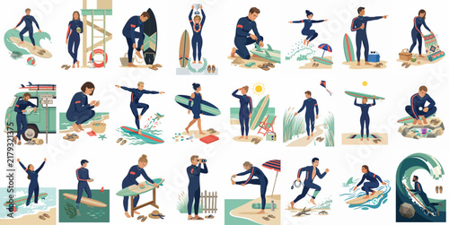 A Comprehensive Collection of Flat Vector Illustrations Depicting Various Surfer Activities at the Beach, Featuring Men and Women in Wetsuits with Surfboards.