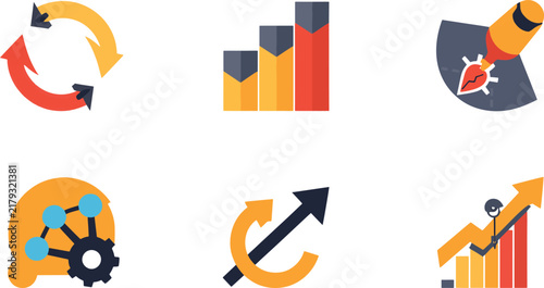 Flat colorful business analytics bar chart and market growth arrow icon set