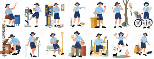 Diverse set of vector illustrations showing a mail carrier in various job-related scenarios, including delivery, sorting, and funny everyday situations.