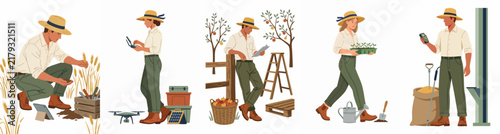 Vector illustrations of modern farmers using tablets and drones for smart agriculture, sustainable farming, crop monitoring, and harvesting in various agricultural settings.