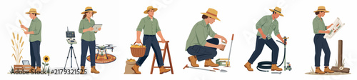 Collection of flat vector illustrations showing diverse agricultural workers and farmers performing various rural tasks using both traditional methods and modern technology.