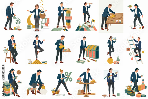 Comprehensive Collection of Flat Business Illustrations Featuring Professionals Managing Finance, Investing Wealth, and Achieving Financial Growth Success
