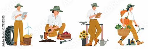 Set of flat vector illustrations depicting modern farmers and agricultural workers engaged in various tasks like planting, monitoring, and harvesting crops.
