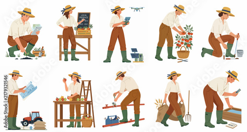 Collection of Modern and Traditional Farmers Engaged in Various Agricultural Activities, Smart Farming, and Harvesting Illustrations