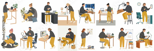 Diverse collection of flat illustrations depicting creative professionals working in modern home offices, studios, and digital environments with various tools and technology.