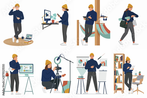Collection of flat vector illustrations showing a young professional man in various remote work settings, from filming videos to giving business presentations.
