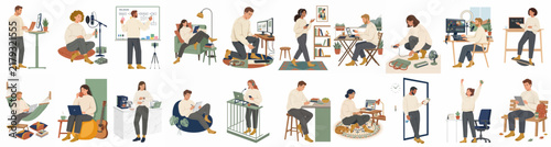 Diverse collection of people working remotely from home and outdoor environments, featuring various flexible workspace setups and modern professional activities.