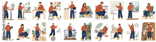 Collection of diverse flat character illustrations showing people working remotely, creating, and relaxing in comfortable home environments.
