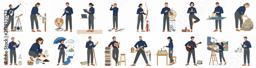 Flat Vector Illustration Set of Diverse People Enjoying Various Hobbies, Creative Crafts, and Professional Occupations Against a White Background.