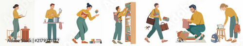 Set of flat vector characters performing diverse daily routines and household activities including cooking, working, organizing, laundry, and packing bags at home.