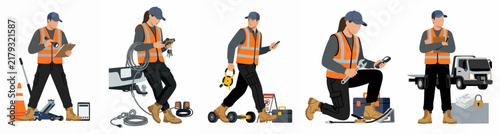 Professional male and female roadside service and construction workers in orange high-visibility vests with tools, flatbed truck, and safety gear.