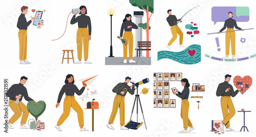 Collection of flat vector illustrations depicting modern dating, romantic relationships, online communication, and various ways of seeking love and connection.