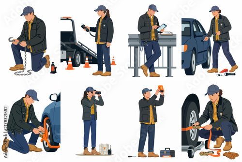 Set of vector illustrations depicting a roadside assistance technician performing various tasks like towing, unlocking cars, and changing tires.