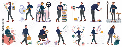 Set of flat vector illustrations depicting various people in different lifestyle, work, and romantic activities isolated on white background.