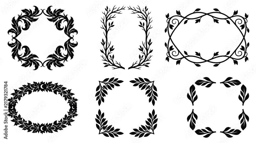 Fototapeta premium Halloween floral wreaths and laurel frames set, 6 black botanical border vectors, elegant hand-drawn leaf ornaments for wedding stationery isolated on Transparent Background Editable Halloween EPS