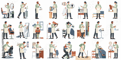 Large collection of diverse professional barbers and hairstylists performing various salon services and tasks, set of flat vector illustrations on white background.