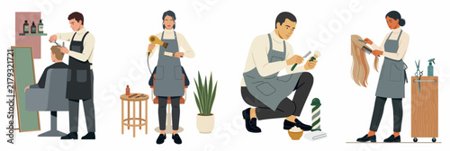 Set of professional barbers and hairdressers providing various hair care services in a modern salon, flat vector illustration on white background.