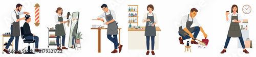 Set of professional barbers and hairstylists performing various grooming services and tasks in a modern barbershop environment illustration.