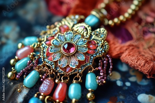 Ornate jewelry piece featuring intricate floral design with colorful gemstones and beads, showcasing craftsmanship and elegance in a vibrant textile background