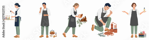 Flat illustration set of perfumers and herbalists creating essential oils, smelling scents, distilling botanicals, and presenting the final natural products.