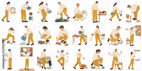A diverse set of flat vector illustrations depicting people enjoying various creative hobbies, home DIY projects, and artisanal crafting activities.