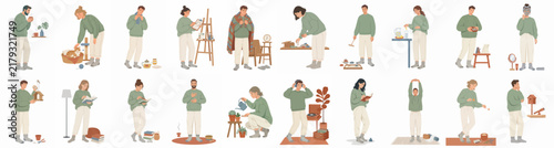 Large collection of flat vector illustrations depicting various people enjoying indoor hobbies, activities, and daily routines at home on a white background.