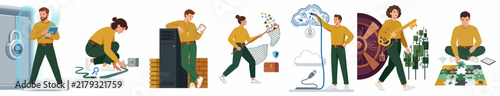 A set of flat vector illustrations representing people working in data science, cloud computing, cybersecurity, and strategic business management tasks.