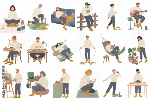 Collection of diverse people enjoying various indoor and outdoor hobbies, relaxing activities, and creative pursuits in a flat illustration style.