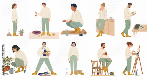 A collection of diverse people engaged in various cozy indoor hobbies and slow living activities like gardening, yoga, painting, and relaxing at home.