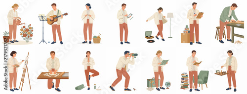 A collection of flat vector illustrations depicting people enjoying diverse indoor and outdoor hobbies like gardening, music, painting, yoga, and crafting.