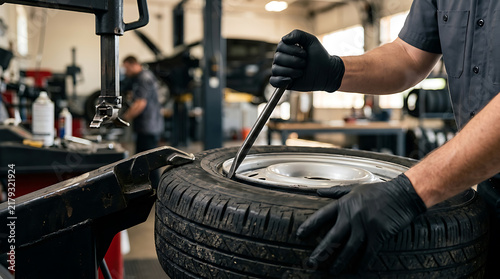 Automotive Workshop Tire Repair Scene Showing Technician Using Tools To Fix Car Wheel in Environmentally Friendly Facility