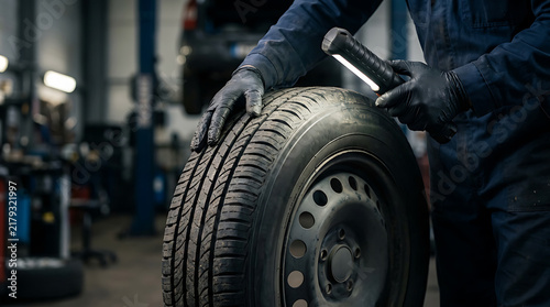 Automotive mechanic inspecting and repairing a vehicle tire in a professional workshop environment