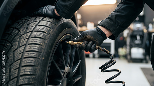 mechanic inflating a car tire using an air compressor in an automotive repair shop
