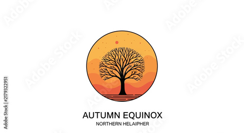 Bild auf Leinwand Autumn Equinox Tree Silhouette in Sunset Circle Logo - Seasonal Change