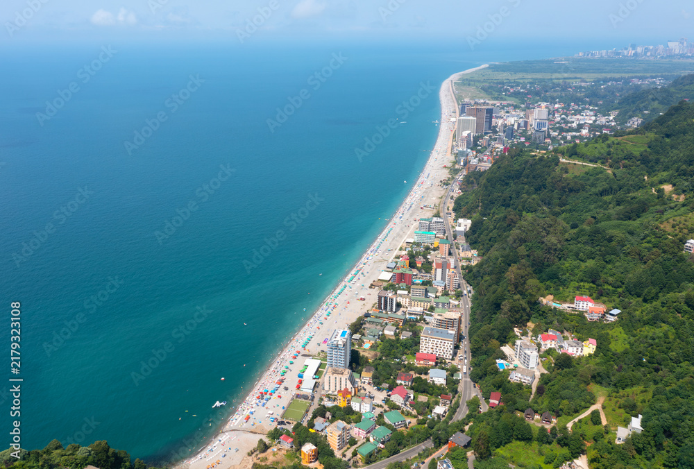 Fototapeta premium Top view of Gonio resort, beach umbrellas and the sea surface