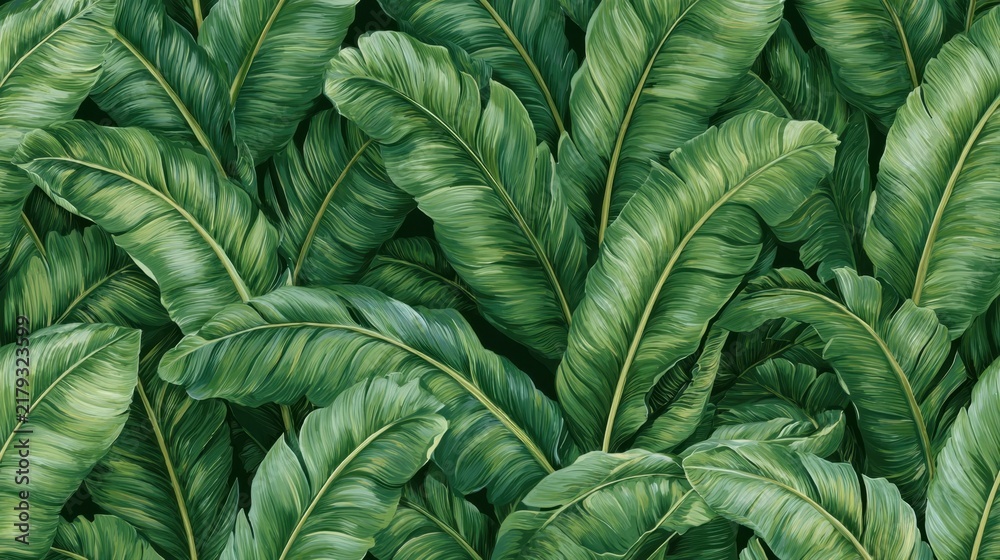 Seamless Pattern Background of Dense Vibrant Green Tropical Banana Palm Leaves, Exotic Lush Botanical Nature Leaf Texture for Wallpapers Fashion Prints Decor and Packaging Design