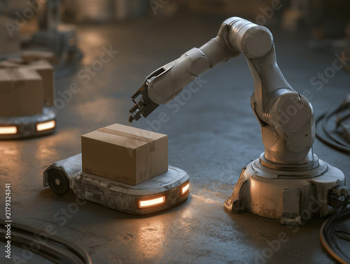 Automated warehouse logistics with robotic arm and box