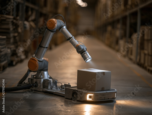Automated warehouse logistics with robotic arm and box