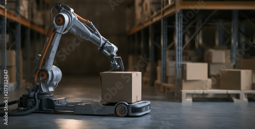 Automated warehouse logistics with robotic arm and box
