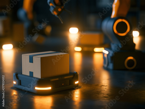 Automated warehouse logistics with robotic arm and box
