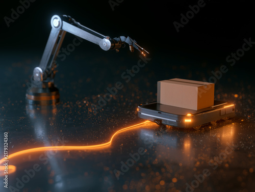Automated warehouse logistics with robotic arm and box