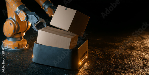 Automated warehouse logistics with robotic arm and box