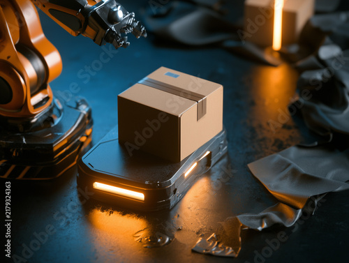 Automated warehouse logistics with robotic arm and box