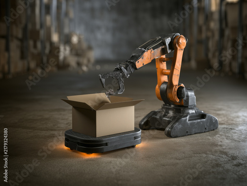 Automated warehouse logistics with robotic arm and box