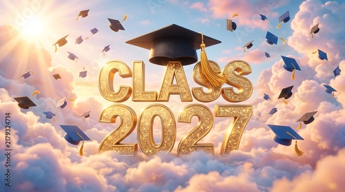 Golden class of 2023 celebratory typography with graduation cap surrounded by falling confetti and bright light background