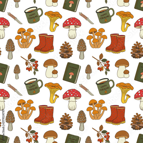 Mushroom foraging seamless pattern. Wild mushrooms, red boots, pine cones, berries, foraging bags and field guides on a white background. Ideal for fabric, wallpaper, packaging and stationery.